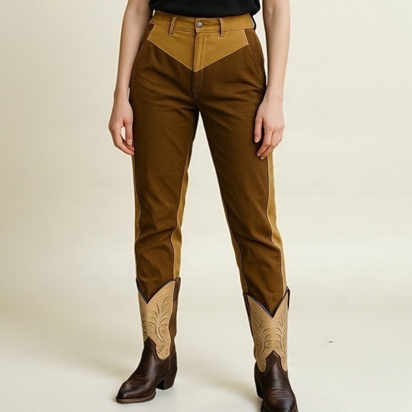 Highrise Straight Leg Western  Style Beige Corduroy Pants - Picture 11 of 11